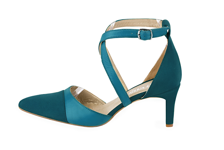 Peacock blue women's open side shoes, with crossed straps. Tapered toe. Medium comma heels. Profile view - Florence KOOIJMAN